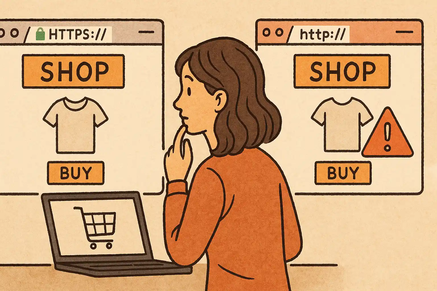 A woman chooses between safe and unsafe online shopping options.
