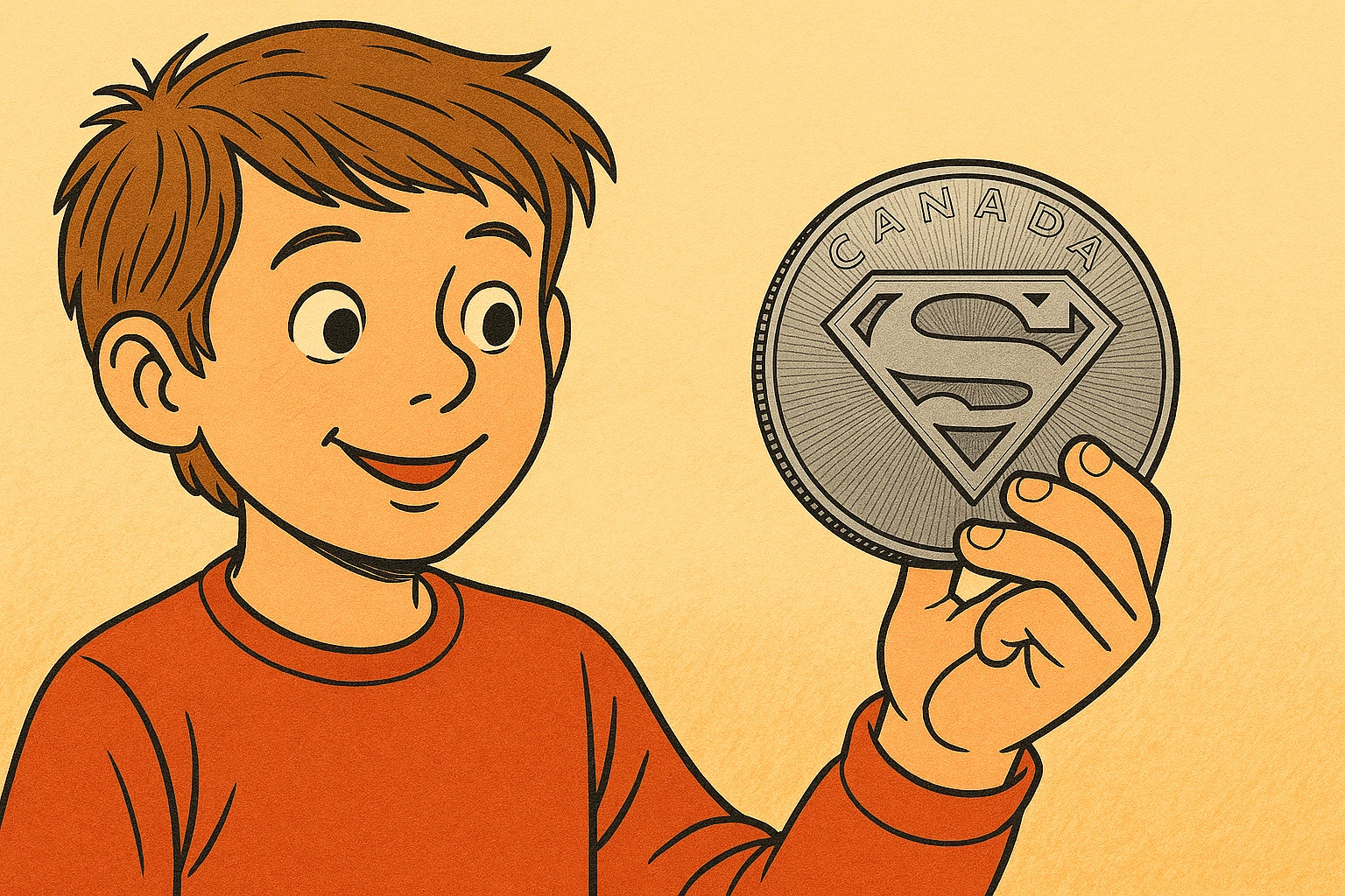 A kid is holding a Superman Canadian silver coin.