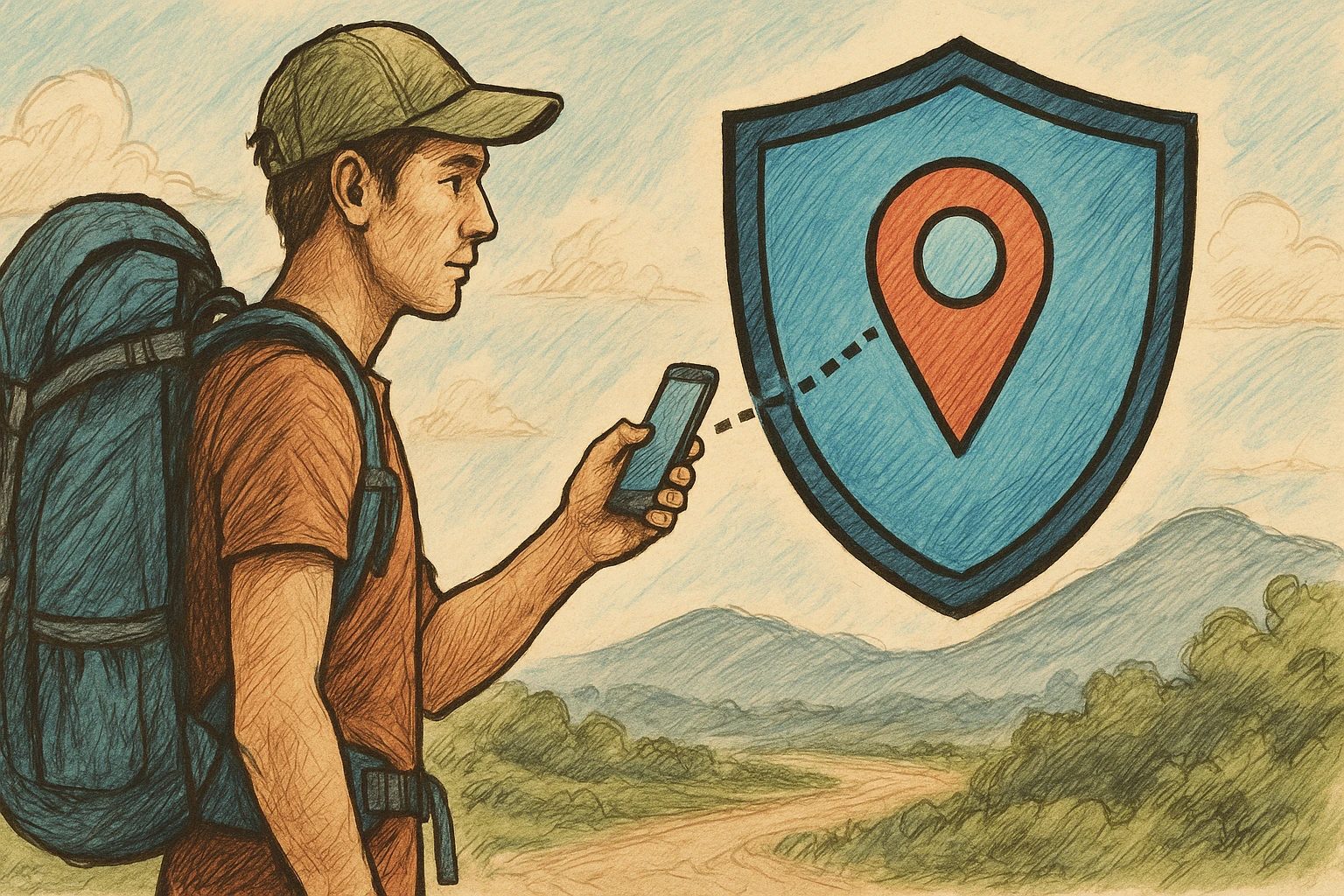 A traveler with a backpack uses the smartphone app to share location during the trip and protect himself.