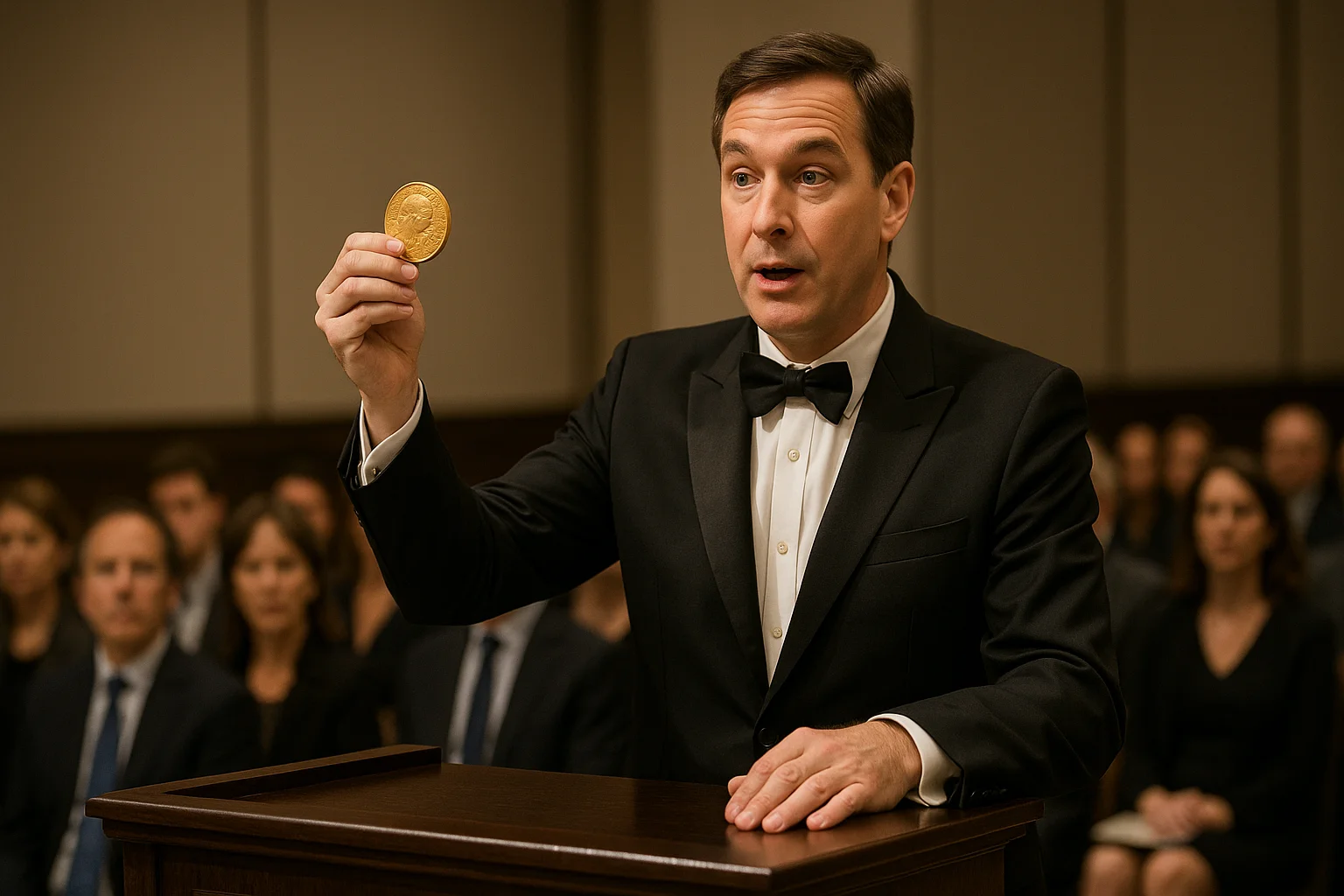 An auctioneer holds up a prized coin before an eager audience, capturing the high-stakes energy of elite numismatic sales where multimillion-dollar bids unfold in seconds.