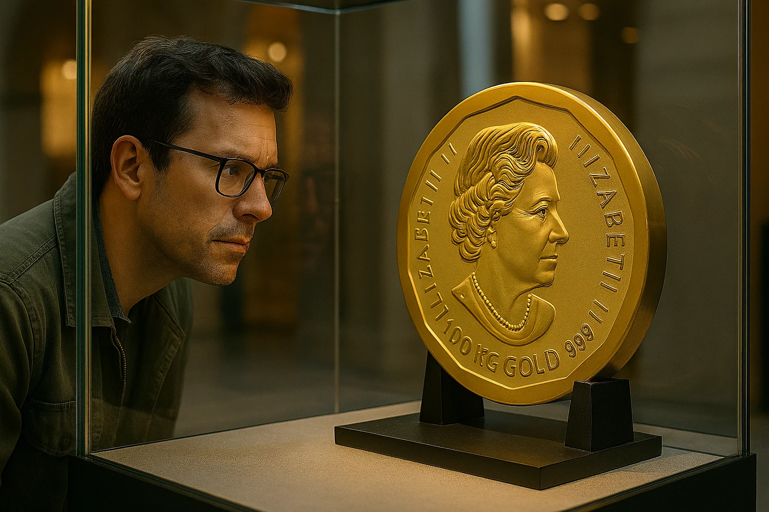 A visitor at a museum marvels at a 100kg gold coin.