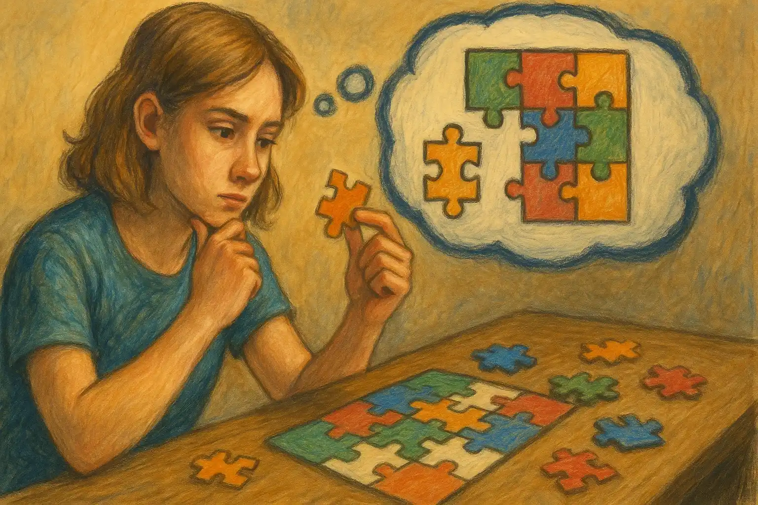 A young girl is solving a puzzle and visualizing its solution.