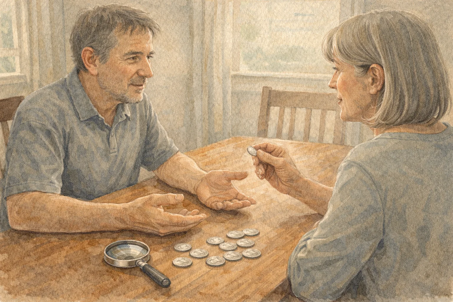 A couple discusses silver quarters they’ve recently found, a magnifying glass is placed nearby.